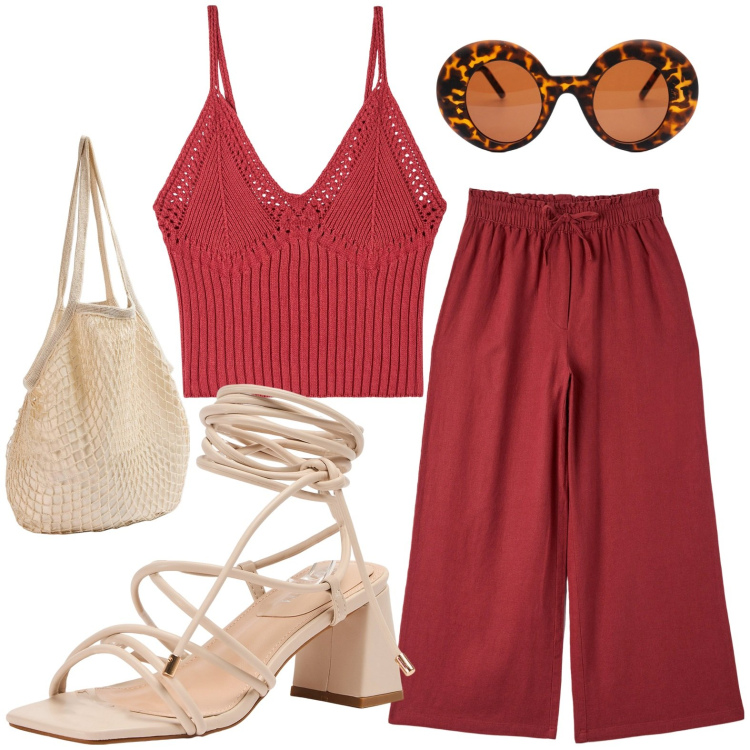 Outfit donna - Passeggiata in rosso bordeaux. Stile Bon Ton per Tutti i giorni. look ideale per Petite. Abbinamento con pantaloni, top, sandali alla schiava, borse a spalla, occhiali da sole.