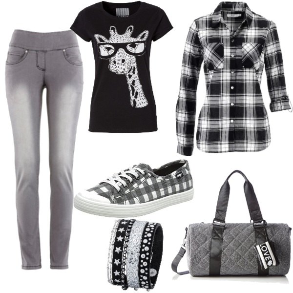Outfit donna - Tartan e giraffa!. Stile Basic per Tutti i giorni. Abbinamento con camicie, jeans slim fit, t-shirt animalier in denim, bracciale con strass glitter nero, borsa a spalla grigio e nero, sneakers nero.