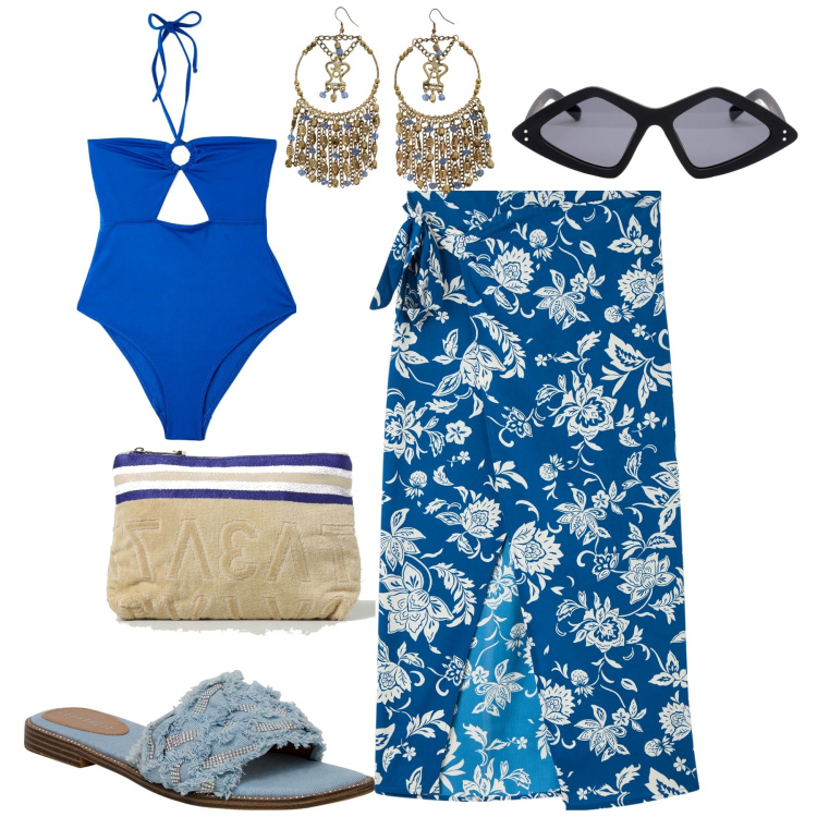 Outfit donna - Un giorno al mare. Stile Casual chic per Mare. Abbinamento con vestiti da spiaggia, costumi interi, ciabatte, orecchini, occhiali da sole, pochette.