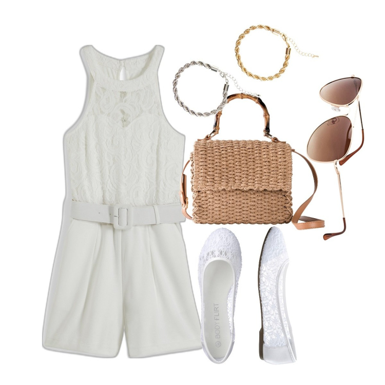 Outfit donna - Bonprix - Sguardo al tramonto. Stile Chic per Tutti i giorni. Abbinamento con ballerine, occhiali da sole, tute, borse a mano, braccialetti.