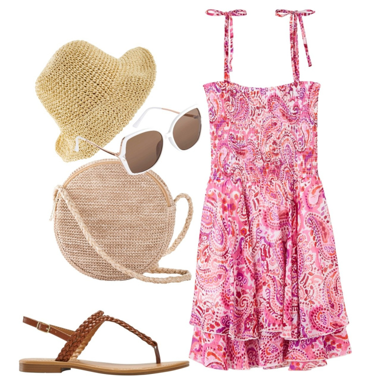Outfit donna - Gita fuori porta. Stile Romantica per Tutti i giorni. Abbinamento con cappelli, borse a tracolla, occhiali da sole, ciabatte, vestiti.