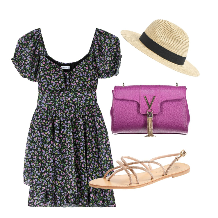 Outfit donna - Pranzo in giardino. Stile Romantica per Tutti i giorni. Abbinamento con sandali, cappelli, vestiti, borse a tracolla.