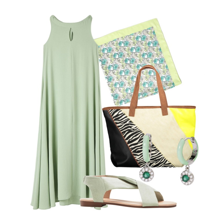 Outfit donna - Verde tenero. Stile Bon Ton per Tutti i giorni. Abbinamento con sandali, vestiti senza maniche, orecchini, foulard, borse a spalla.