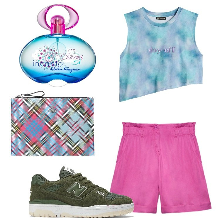 Outfit donna - Summer Vibes. Stile Casual per Tutti i giorni. Abbinamento con profumi, t-shirt, sneakers, pantaloni corti, clutch.