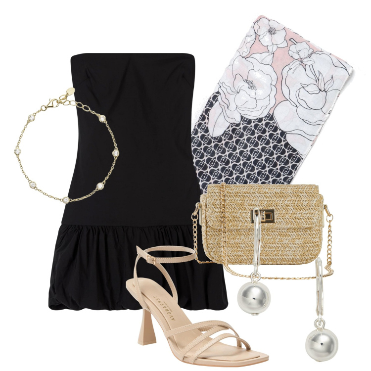 Outfit donna - Serata in corto. Stile Chic per Serata fuori. Abbinamento con borse a mano, vestiti corti, sandali col tacco, braccialetti, orecchini, foulard.