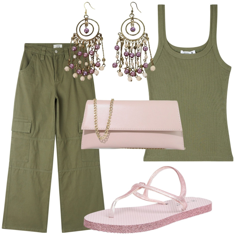 Outfit donna - Cargo verdi. Stile Boho per Tutti i giorni. look ideale per Petite. Abbinamento con sandali, pantaloni cargo, canottiere, pochette, orecchini.