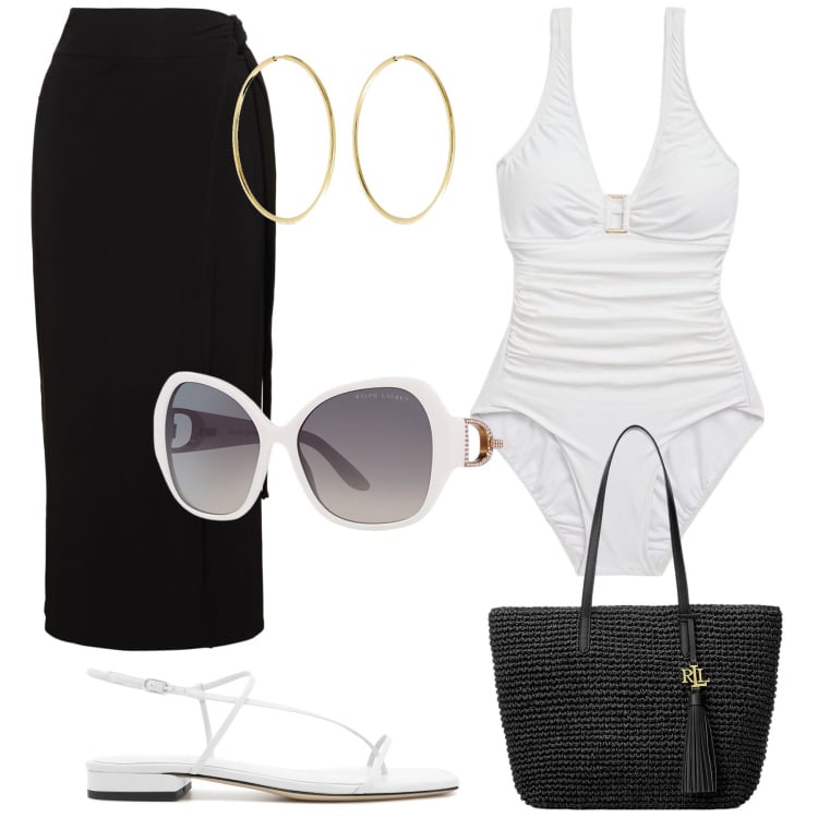 Outfit donna - Diva in spiaggia. Stile Chic per Mare. Abbinamento con occhiali da sole, costumi interi, borse tote, sandali in pelle, vestiti da spiaggia, orecchini.