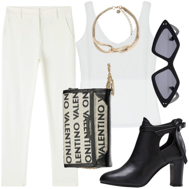 Outfit donna - Bianco e nero un classico. Stile Casual per Cerimonia. look ideale per Petite. Abbinamento con stivaletti, pantaloni, top, collane, borse a tracolla, occhiali da sole.