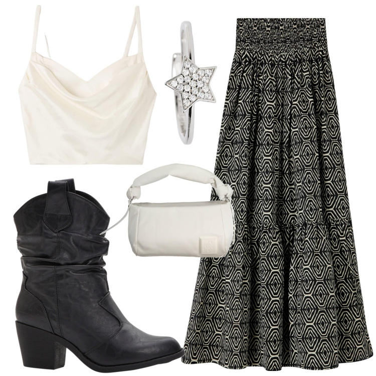 Outfit donna - Gonna lunga. Stile Casual per Tutti i giorni. look ideale per Petite. Abbinamento con stivaletti texani, gonne lunghe, top, anelli, borse a spalla.