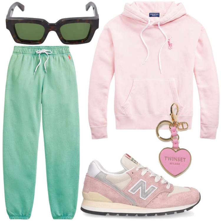 Outfit donna - Giornata sportiva. Stile Casual chic per Sport. look ideale per Petite. Abbinamento con pantaloni sportivi, felpe con cappuccio, sneakers, occhiali da sole, portachiavi.