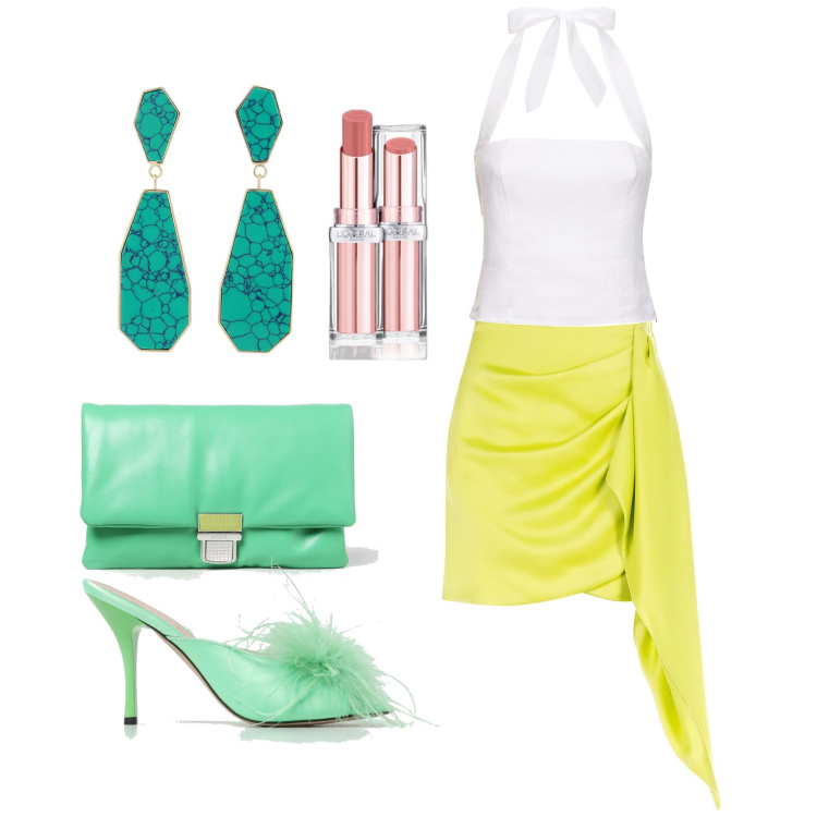 Outfit donna - Ghost outfitter - giugno. Stile Glamour per Serata fuori. Abbinamento con rossetti, minigonne, orecchini, clutch, sandali col tacco, top.