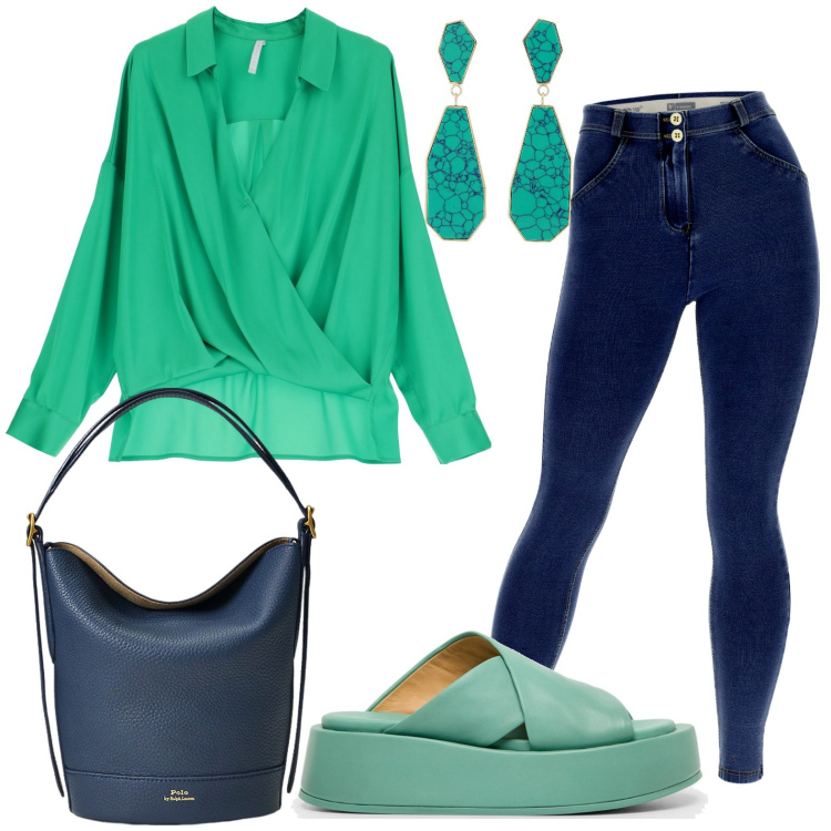 Outfit donna - Blu e verde. Stile Basic per Tutti i giorni. look ideale per Petite. Abbinamento con camicie, jeggings, borse a secchiello, sandali in pelle, orecchini.