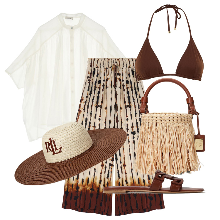 Outfit donna - Ghost outfitter - giugno. Stile Glamour per Mare. Abbinamento con pantaloni a palazzo, bluse, cappelli, borse a secchiello, bikini, ciabatte.