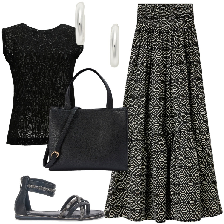 Outfit donna - Summer outfit con un piccolo budget. Stile Casual per Tutti i giorni. Abbinamento con gonne lunghe, shopping bag, t-shirt, orecchini, sandali.