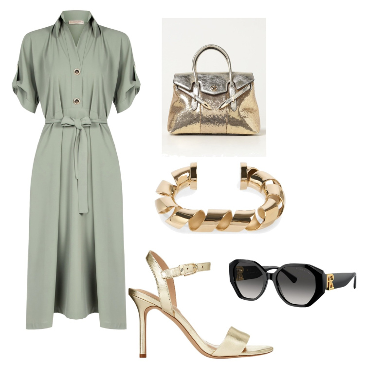 Outfit donna - Tocchi d'oro. Stile Chic Abbinamento con occhiali da sole, sandali in pelle, vestiti chemisier, borse a mano, braccialetti.