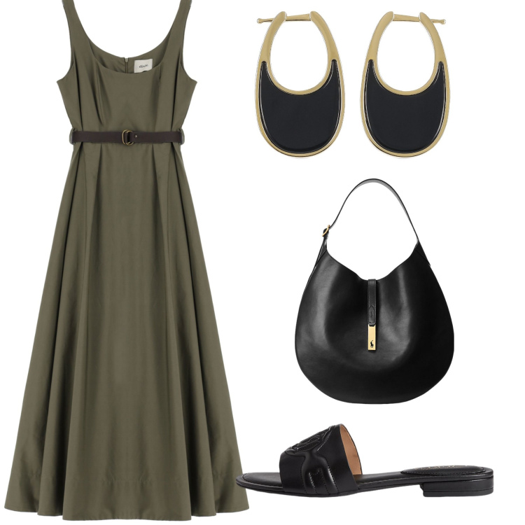 Outfit donna - Total look #1901994. Stile Minimal per Ufficio. Abbinamento con vestiti lunghi, borse a spalla, sandali in pelle, orecchini.