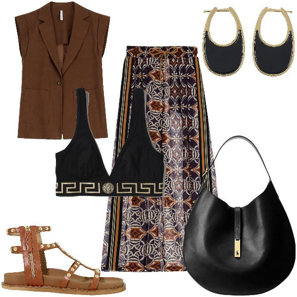 Outfit donna - Total look #1901996. Stile Etnico per Serata fuori. Abbinamento con gilet, pantaloni a palazzo, sandali, borse a spalla, orecchini, bralette.