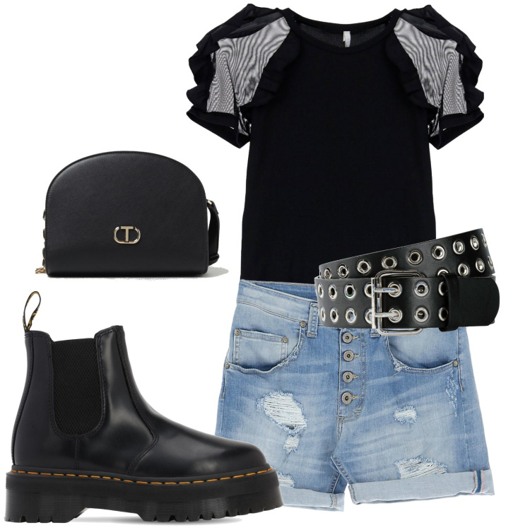 Outfit donna - Jeans e nero. Stile Rock per Tutti i giorni. look ideale per Petite. Abbinamento con cinture, jeans, t-shirt, stivaletti chelsea, borse a tracolla.