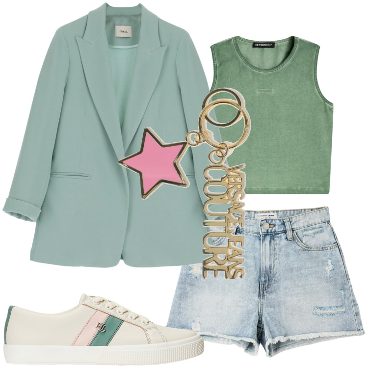 Outfit donna - Short. Stile Basic per Tutti i giorni. look ideale per Petite. Abbinamento con shorts, top, blazer, sneakers, portachiavi.