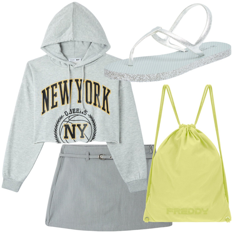 Outfit donna - Sportiva in mini. Stile Bon Ton per Tutti i giorni. look ideale per Petite. Abbinamento con sandali, felpe con cappuccio, minigonne, zaini.