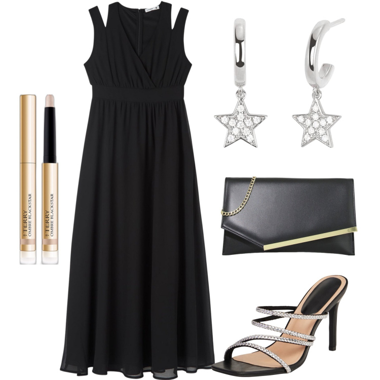 Outfit donna - Brilla con i sandali gioiello. Stile Chic per Serata fuori. Abbinamento con ombretti, vestiti lunghi, sandali col tacco, orecchini, pochette.