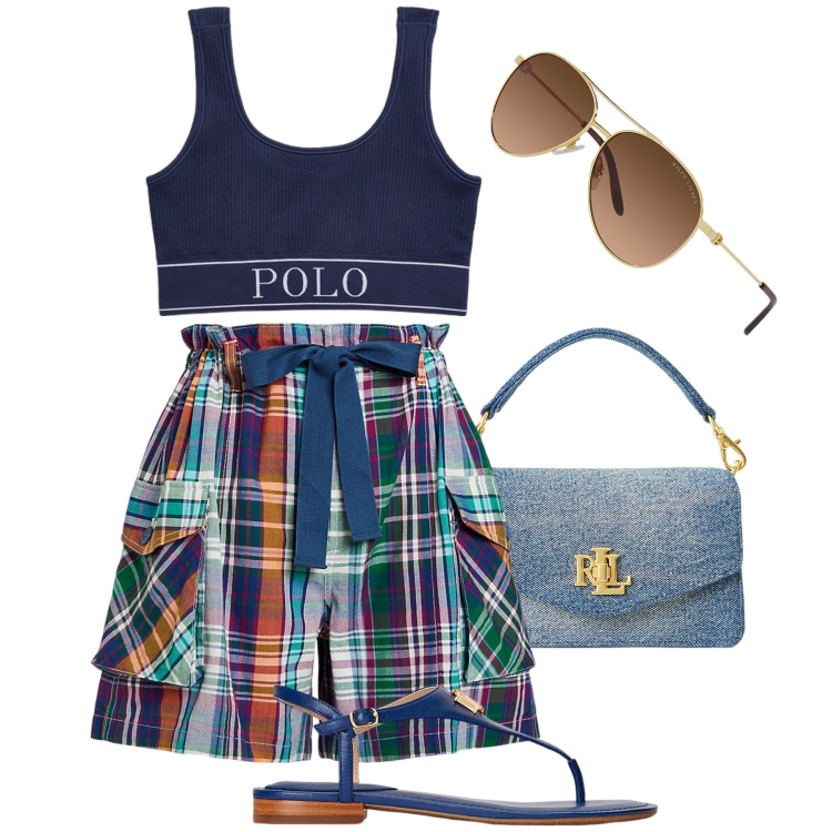 Outfit donna - Vacanza: modalità ON. Stile Casual chic per Mare. Abbinamento con occhiali da sole, shorts, canottiere, sandali in pelle, borse a tracolla.