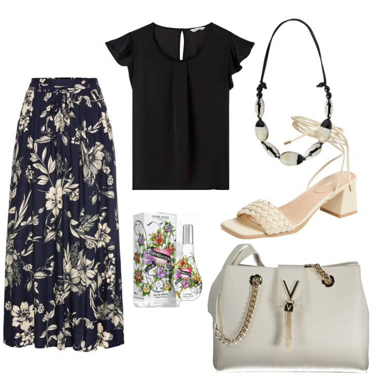 Outfit donna - Total look #1902041. Stile Casual per Ufficio. Abbinamento con gonne lunghe, profumi, bluse, sandali alla schiava, borse a spalla, collane.