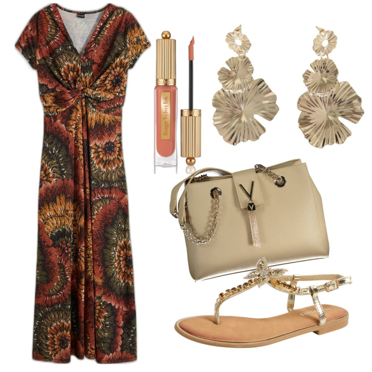 Outfit donna - Una serata tranquilla. Stile Boho per Serata fuori. Abbinamento con vestiti lunghi, rossetti, sandali gioiello, orecchini, borse a spalla.