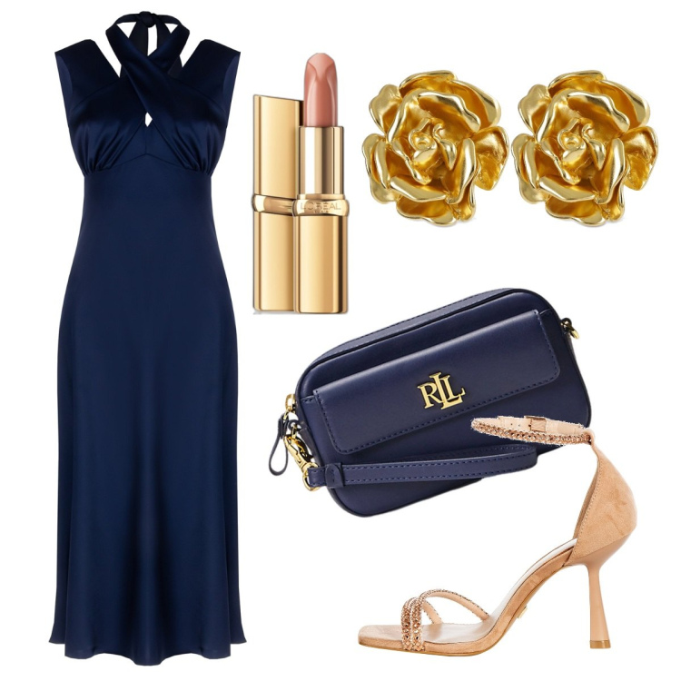 Outfit donna - Blu raffinato. Stile Vintage retrò per Cerimonia. Abbinamento con rossetti, vestiti midi/longuette, sandali gioiello, pochette, orecchini.
