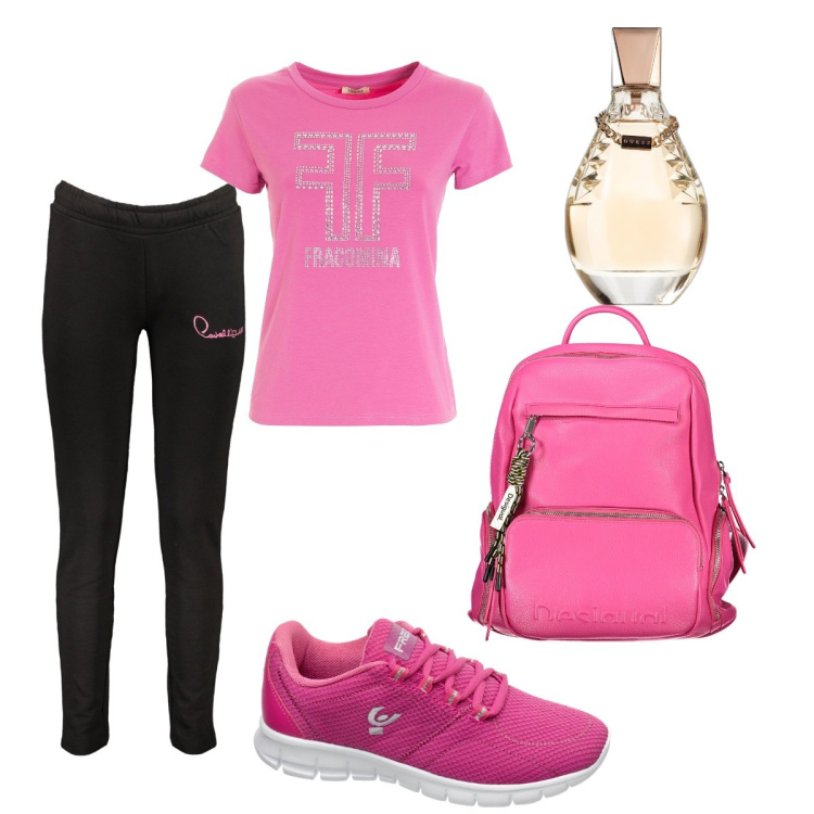 Outfit donna - Total look #1902049. Stile Trendy per Sport. Abbinamento con profumi, t-shirt, sneakers, zaini, pantaloni.