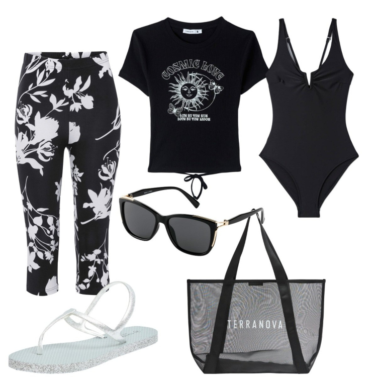 Outfit donna - Total look #1902055. Stile Casual per Mare. Abbinamento con occhiali da sole, pantaloni, sandali, costumi interi, t-shirt, shopping bag.