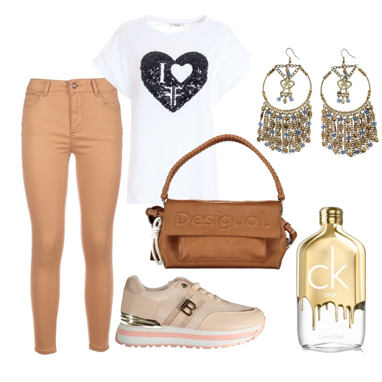 Outfit donna - Total look #1902059. Stile Casual per Ufficio. Abbinamento con profumi, jeans skinny, t-shirt, orecchini, sneakers, borse a spalla.