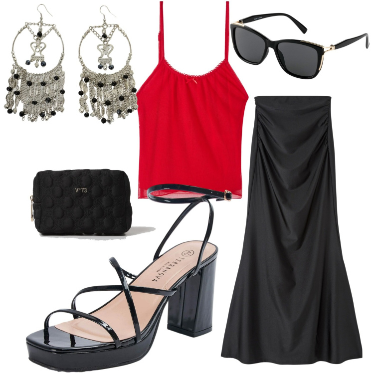 Outfit donna - Gonna lunga. Stile Basic per Tutti i giorni. look ideale per Petite. Abbinamento con occhiali da sole, gonne lunghe, sandali in pelle, top, orecchini, pochette.