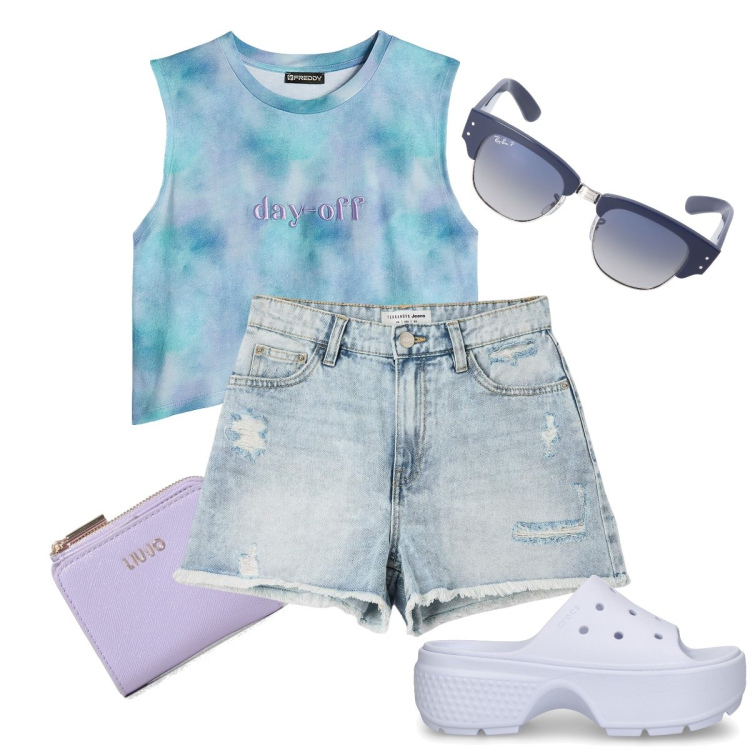 Outfit donna - Il top sfumato. Stile Basic per Mare. Abbinamento con shorts, t-shirt, occhiali da sole, ciabatte, portafogli.