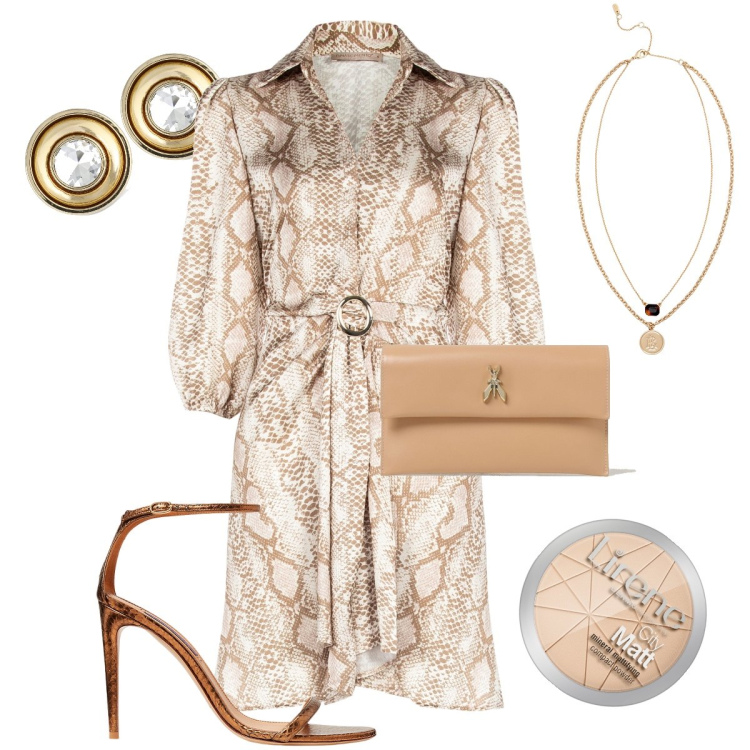 Outfit donna - Il vestito pitonato. Stile Chic per Cerimonia. Abbinamento con ciprie, vestiti midi/longuette, collane, sandali col tacco, clutch, orecchini.