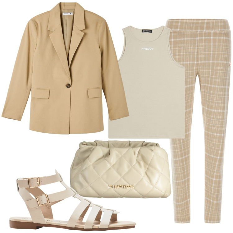 Outfit donna - Pantaloni a quadri. Stile Basic per Tutti i giorni. look ideale per Petite. Abbinamento con sandali, blazer, pantaloni, canottiere, borse a spalla.