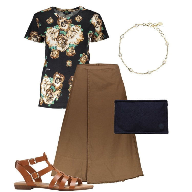 Outfit donna - La gonna a portafoglio. Stile Casual chic per Ufficio. Abbinamento con sandali, braccialetti, gonne lunghe, t-shirt, pochette.