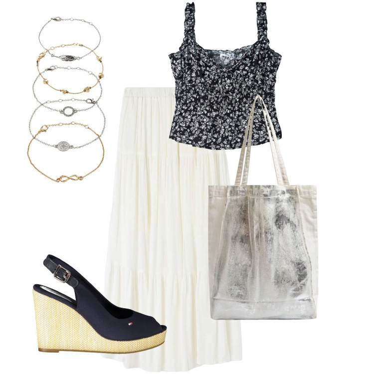 Outfit donna - La gonna gitana. Stile Etnico per Tutti i giorni. Abbinamento con braccialetti con ciondoli, shopping bag, top, gonne lunghe, sandali.
