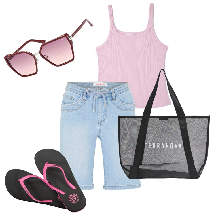 Outfit donna - Camminare sul bagnasciuga. Stile Basic per Mare. Abbinamento con bermuda, top, shopping bag, infradito, occhiali da sole.