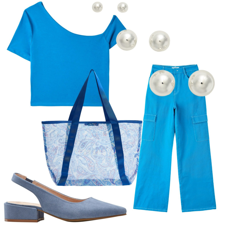 Outfit donna - Giorno. Stile Casual chic per Tutti i giorni. look ideale per Petite. Abbinamento con décolleté, t-shirt, pantaloni cargo, shopping bag, orecchini.