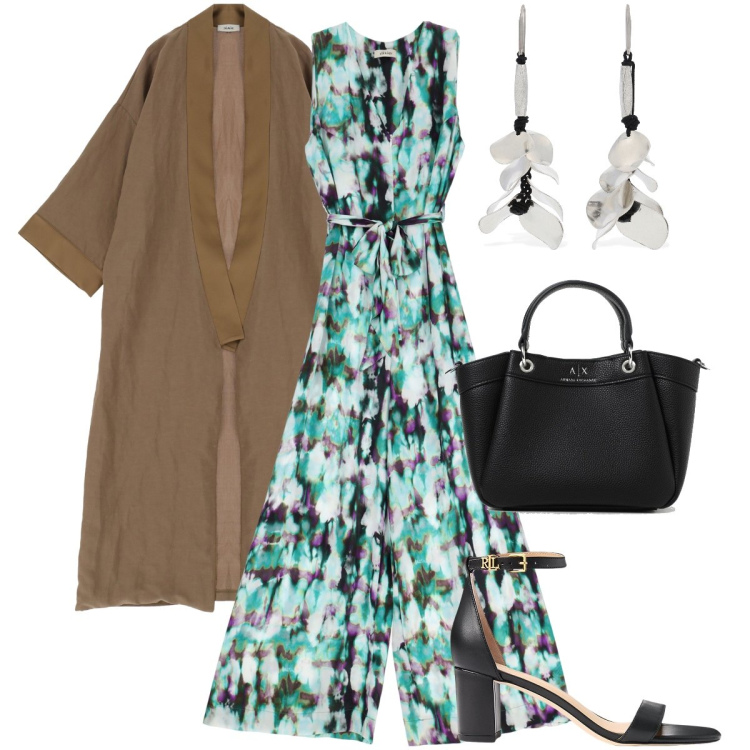 Outfit donna - Un lungo cardigan. Stile Bon Ton per Serata fuori. Abbinamento con sandali in pelle, tute, cardigans, borse a mano, orecchini.