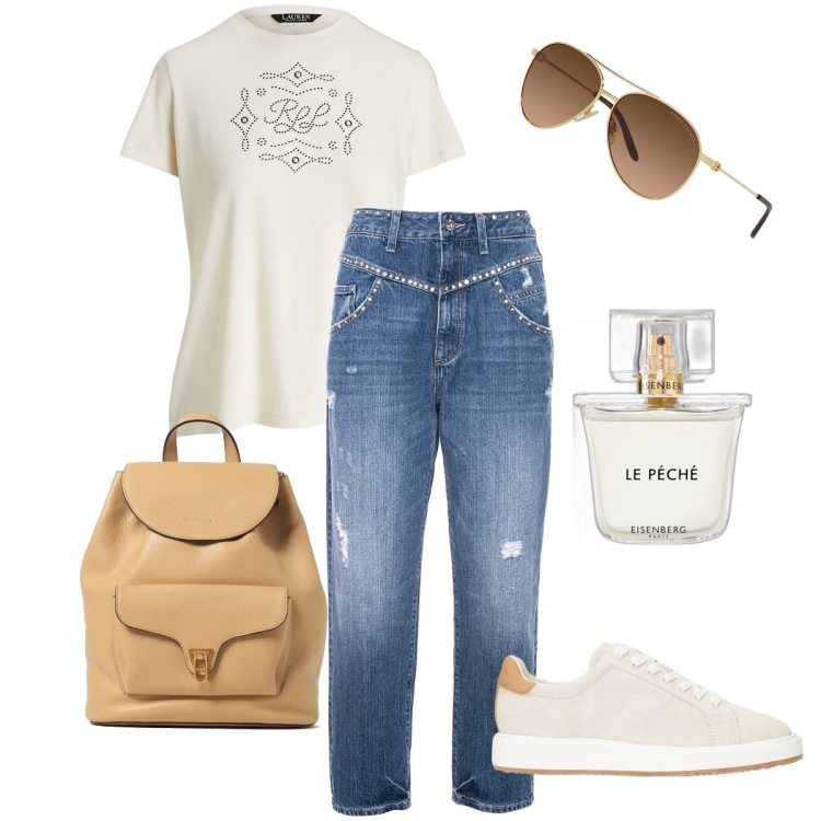 Outfit donna - Profumo Le Péché. Stile Urban per Tutti i giorni. Abbinamento con profumi, jeans, occhiali da sole, sneakers, t-shirt, zaini.
