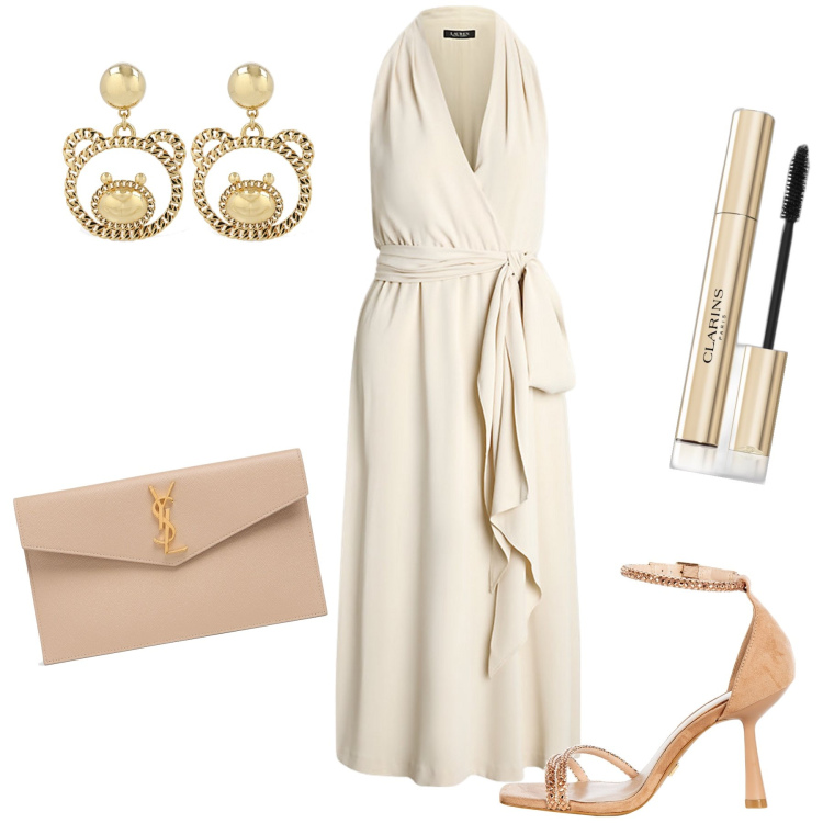 Outfit donna - Originali orecchini. Stile Chic per Serata fuori. Abbinamento con mascara, sandali gioiello, vestiti senza maniche, pochette, orecchini.