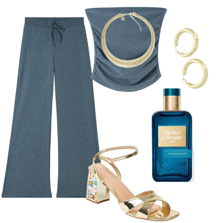 Outfit donna - Pietre colorate sul tacco. Stile Glamour per Serata fuori. Abbinamento con profumi, pantaloni, top, sandali gioiello, collane, orecchini.