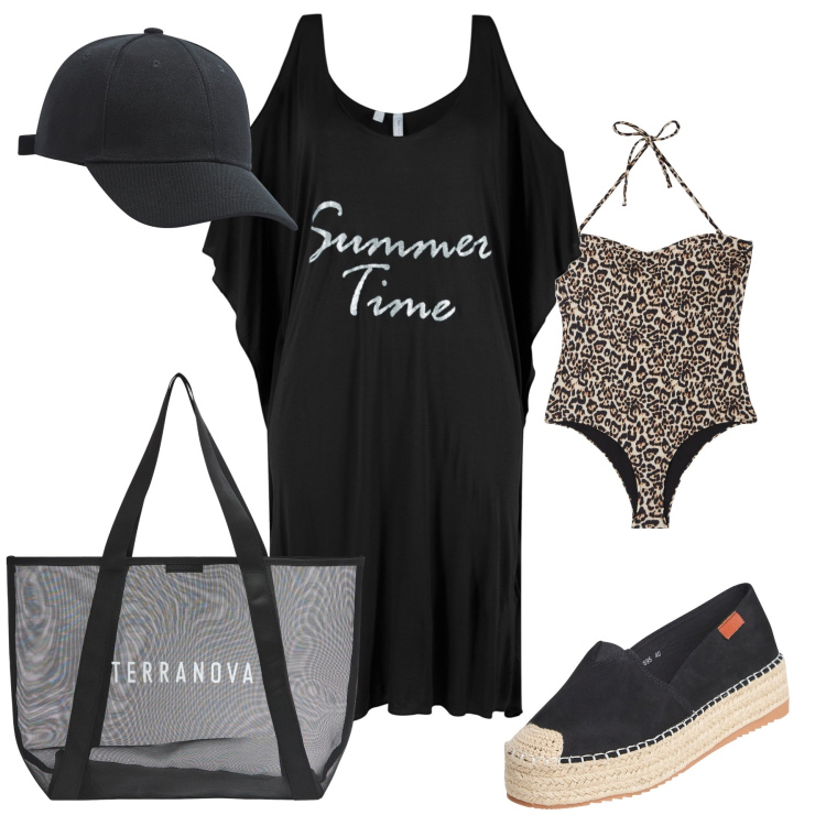 Outfit donna - Domenica al mare. Stile Basic per Mare. Abbinamento con vestiti da spiaggia, costumi interi, cappelli, espadrillas, shopping bag.