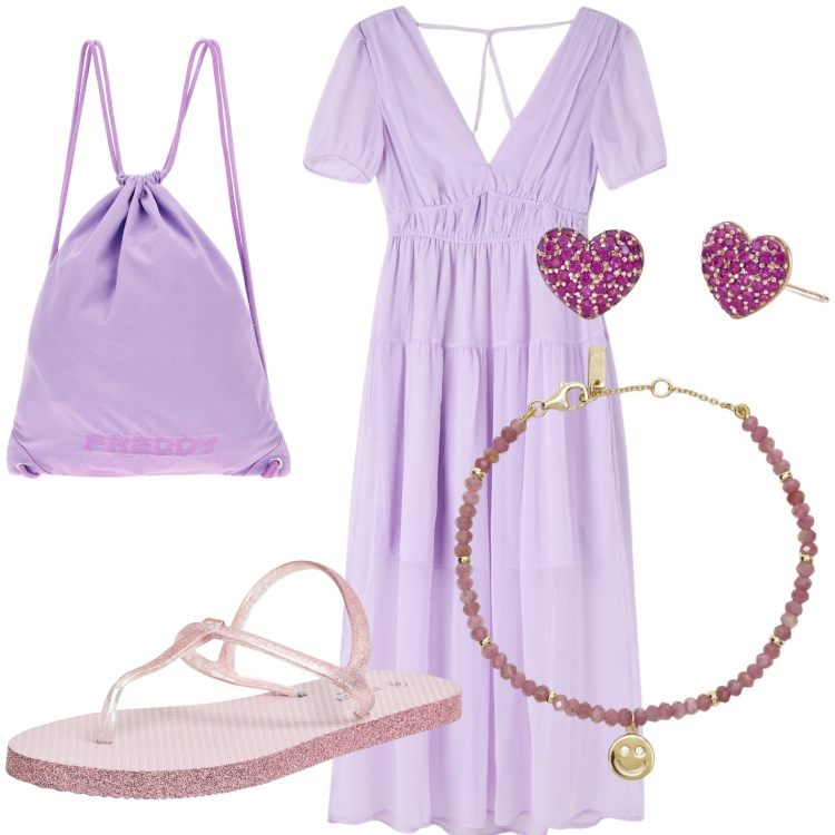 Outfit donna - In viola. Stile Basic per Tutti i giorni. look ideale per Petite. Abbinamento con sandali, vestiti, orecchini, braccialetti, zaini.