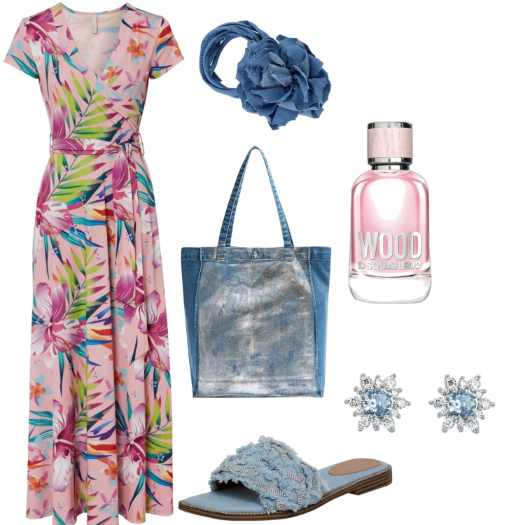 Outfit donna - Ciabatte e borsa effetto denim. Stile Casual per Tutti i giorni. Abbinamento con vestiti lunghi, profumi, shopping bag, ciabatte, orecchini, collane.