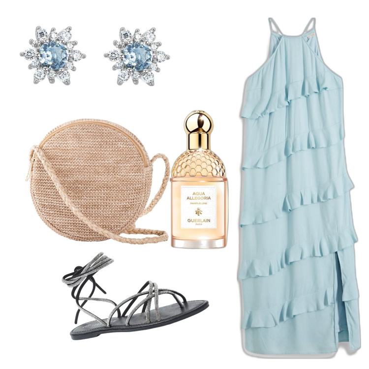 Outfit donna - Serate al mare. Stile Glamour per Mare. Abbinamento con vestiti lunghi, borse a tracolla, profumi, orecchini, sandali alla schiava.