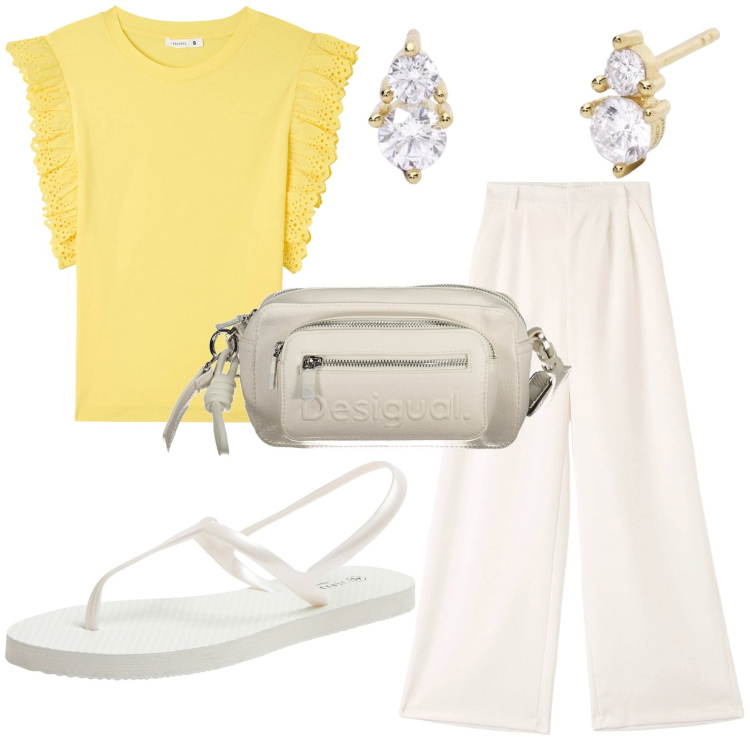 Outfit donna - Bianco e giallo. Stile Bon Ton per Tutti i giorni. look ideale per Petite. Abbinamento con t-shirt, sandali, pantaloni, orecchini, borse a spalla.