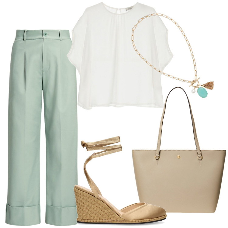 Outfit donna - Total look #1902173. Stile Minimal per Tutti i giorni. Abbinamento con t-shirt, borse tote, pantaloni, collane, zeppe.
